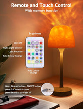 Table lamp with remote control and touch functions on a warm background